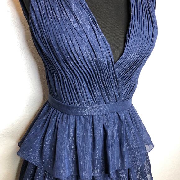 IEENA for Mac Duggal navy metallic tiered ruffle sleeveless midi formal dress 4 - Picture 3 of 16